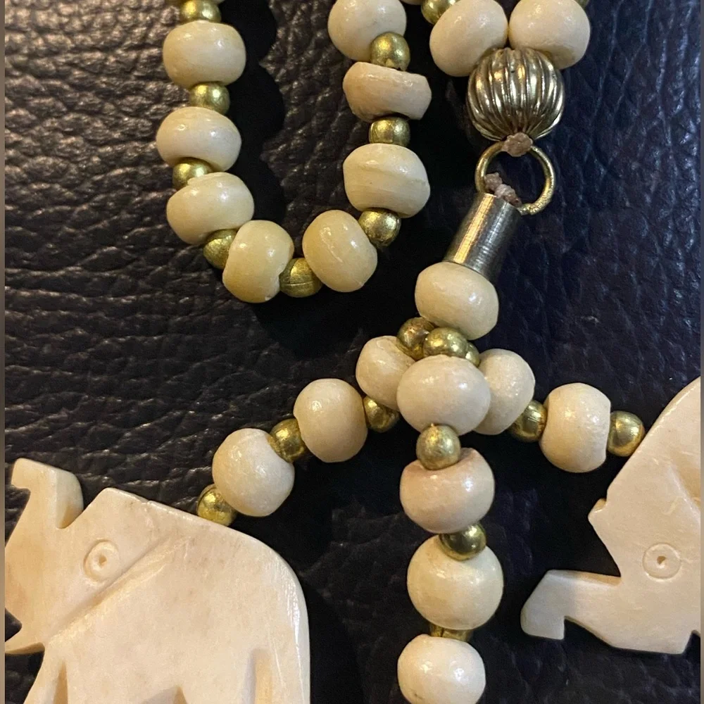 Vintage Carved Bone Cream Beaded Necklace with 3 Elephant Pendants Good Luck